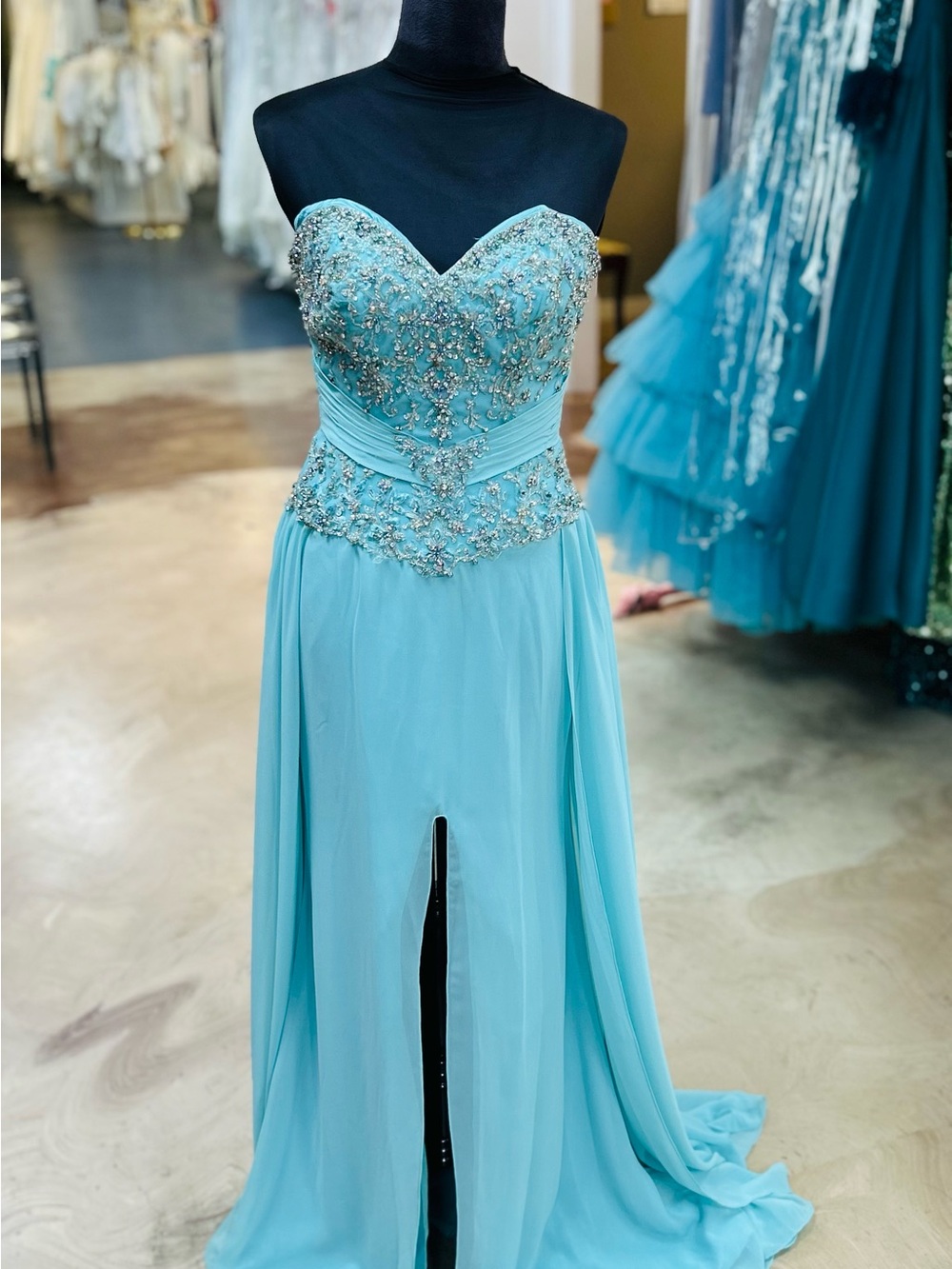 Aqua Strapless Beaded Prom Gown with Front Slit